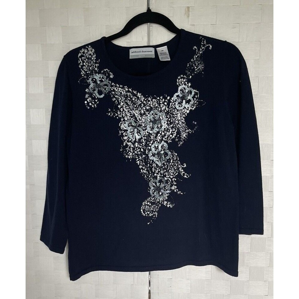 Alfred Dunner Women’s 3/4 Sleeve Embellished Sweater Blue Size Petite Medium